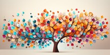 Colorful Tree With Leaves On Hanging Branches Illustration Background. Abstraction Wallpaper. Floral Tree With Multicolor Leaves