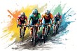 Illustration of a group of cyclists on a road bike racing, Cyclists team riding on bicycles, color drawing. Bike race banner, AI Generated
