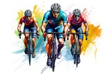 Fototapeta  - Cyclists Riding the Bike on Watercolor Splash Background. Extreme Sport Concept, Cyclists team riding on bicycles, color drawing. Bike race banner, AI Generated