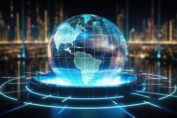 Wall Mural - Globe with glowing dots and lines on dark background. 3D rendering, Data transfer through global network infrastructure, Digital communication system on a globe hologram, AI Generated