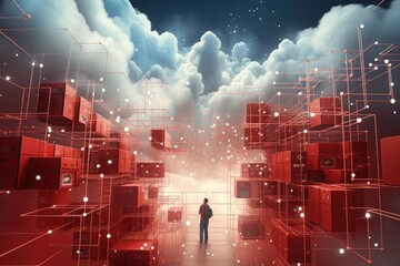 Wall Mural - Digital composite of Man in front of boxes with network against blue sky, Datos en la nube y red.Concepto de ciencia y tecnología, AI Generated