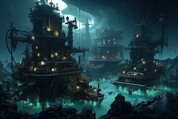 Wall Mural - Underwater world. Futuristic fantasy landscape with ship. 3D rendering, deep sea mining, AI Generated