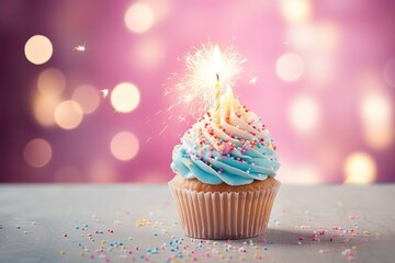 Sticker - Birthday cupcake with sparkler on bokeh background, Delicious birthday cupcake on table on light background, AI Generated