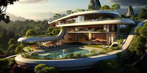 Wall Mural - Futuristic villa mansion overlooking beautiful green city with an oasis and a healthy environment