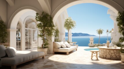 Wall Mural - Luxury villa on the coast in the style of light-filled interiors, arched doorways.