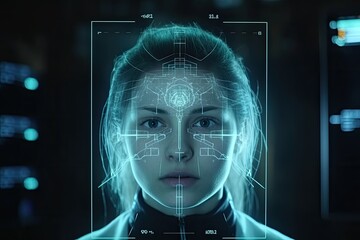 Wall Mural - Close up of woman face made of artificial intelligence. Future technology concept, Digital hologram CT scan and X-ray on a human face, Dark medical screen on the background, AI Generated