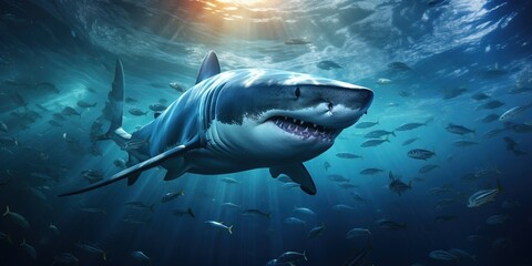 Wall Mural - Shark swims on the surface of the sea.