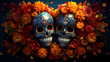 A festive background portraying a colorful array of sugar skulls adorned with marigold blooms, 3D render digital artistry, encapsulating the essence of Hispanic heritage and Día de los Muertos