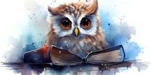 Watercolor Cute Owl With Glasses Reading Book, Isolated.