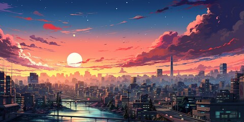 Wall Mural - 90's Japanese animation style city view, retro concept illustration