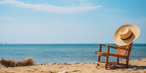 Wall Mural - A beach chair with a straw hat on top of it.