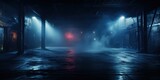 Fototapeta Przestrzenne - A dark empty street, dark blue background, an empty dark scene, neon light, spotlights The asphalt floor and studio room with smoke float up the interior texture.
