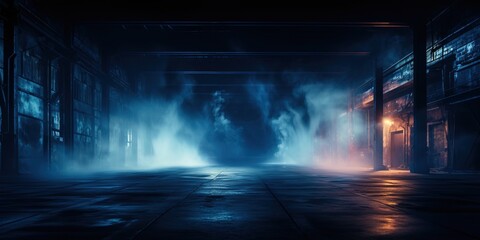 Poster - A dark empty street, dark blue background, an empty dark scene, neon light, spotlights The asphalt floor and studio room with smoke float up the interior texture.