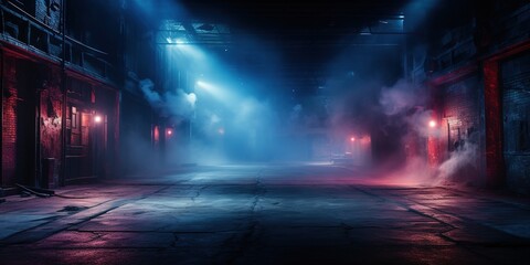 A dark empty street, dark blue background, an empty dark scene, neon light, spotlights The asphalt floor and studio room with smoke float up the interior texture.