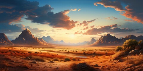 Poster - A desert scene with sand dunes and mountains in the distance.