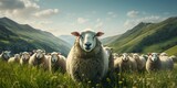 Fototapeta Zwierzęta - A herd of sheep standing on top of a lush green field.