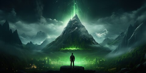 Wall Mural - A person standing in front of a mountain with green lights.
