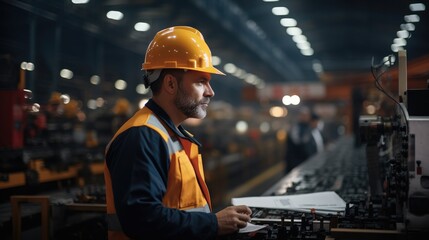 Aufkleber - Engineer quality control inspector inspection on steel machinery and manufacturing process in heavy industry factory.