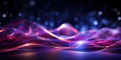 Poster - Abstract futuristic background with purple and blue glowing neon moving high speed wave lines and bokeh lights. Visualization of sound waves. Data transfer.