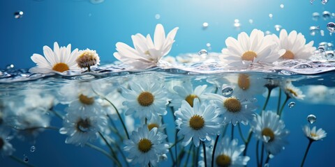 Wall Mural - Beautiful summer background with wild flowers. Daisies, clover and other wildflowers under water on a blue background with sun glare. Trendy background for cosmetic product presentation.