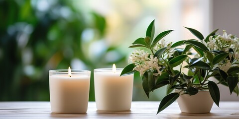 Wall Mural - Burning white scented candles in a glass on a table with plants nearby in a minimalist style.