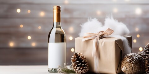 Christmas and Ney Yea card with bottle of champagne on a white fur rug with white gift paper bag on a wooden background with holiday decor. Scandinavian aesthetics.