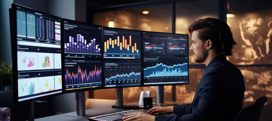 Business people trading stocks, cryptocurrency and managing financial investment on laptop, Analytics Data Dashboard.