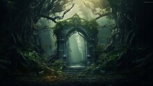 Archway In An Enchanted Fairy Forest Landscape, Misty Dark Mood, Can Be Used As Background AI Generated 