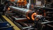 Steel pipe internal seam welding by longitudinal tack welding machine in heavy industrial plants.