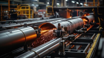 Poster - Steel pipe internal seam welding by longitudinal tack welding machine in heavy industrial plants.