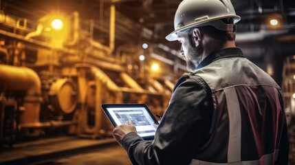 Aufkleber - Technician in a hard hat inspecting a large industrial machine with a tablet.