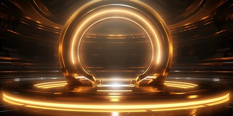 Canvas Print - Golden abstract luxury background, frame stage, in the style of futuristic space escapes, light installations, circular shapes, light - filled landscapes, vibrant stage backdrops