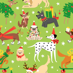  Seamless pattern with Cute cartoon dogs wearing different Christmas outfits.  Hand drawn vector illustration. Funny xmas green background.