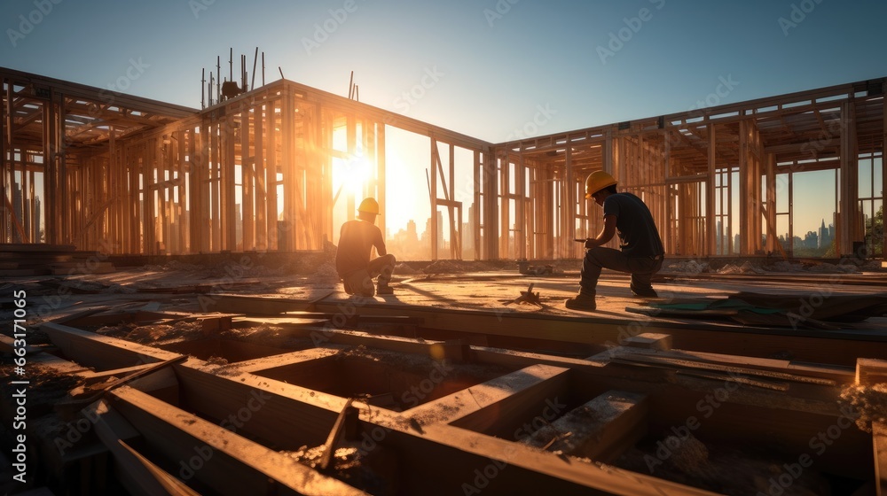 Two Construction Works Two construction workers is working on a wood building under ...