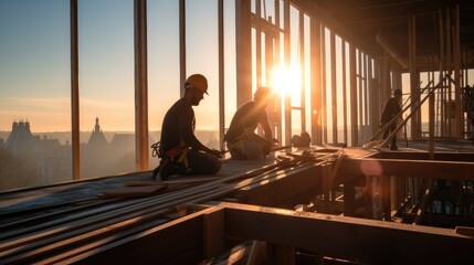 Poster - Two construction workers is working on a wood building under construction.