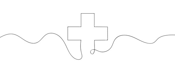 Medical cross one continuous line drawing. Line art. Plus sign. Logo icon concept. Simple design. Vector illustration.