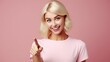 Portrait of emotional pleasant looking female has shining smile indicates with fore finger at blank copy space, advertizes something. Blonde attractive woman shows new product, AI Generated 