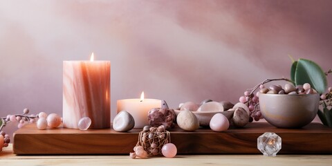 Wall Mural - Self - care, healing composition with rosary beads, chakra stones, sandalwood sticks and candle on a pink marble podium. Concept of relaxing at home, energy healing, yoga