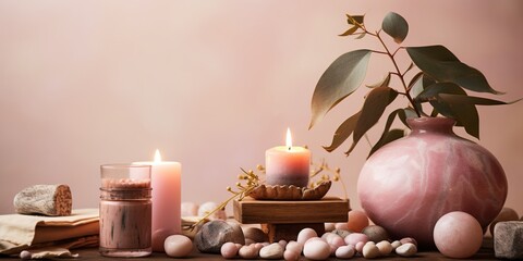 Self - care, healing composition with rosary beads, chakra stones, sandalwood sticks and candle on a pink marble podium. Concept of relaxing at home, energy healing, yoga