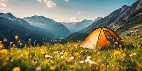 summer vacation in the mountains. camping with yellow tent in a mountain valley with wild meadow flo
