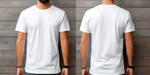 Wall Mural - T - shirt mockup. White blank t - shirt front and back views. male clothes wearing clear attractive apparel tshirt models template