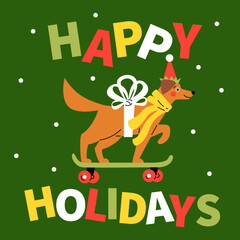 Wall Mural - Happy holidays. Cute cartoon orange puppy with a red hat and gold bow on skateboard. Hand drawn vector illustration. Funny Christmas dog character card template.