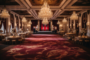 Wall Mural - Experience a glimpse into grandeur as you step into a hotel ballroom, where sparkling crystal chandeliers hang, 
red carpets exude opulence