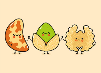 Cute, funny happy Brazilian nut, Pistachio and Walnut nut. Vector hand drawn cartoon kawaii characters, illustration icon. Funny happy cartoon Brazilian nut, pistachio and Walnut nut mascot friends