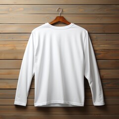 A view from back Luxurious plain white oversize t-shirt mockup with a hanger hanging on a wooden background, AI Generative