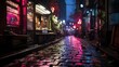 Nacht in einer kleinen Nebenstraße der Innenstadt einer fiktiven europäischen Großstadt bei schlechtem Wetter