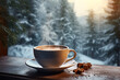 Generative AI Image of a Cup of Hot Coffee on Wooden Table with Winter Nature View