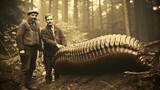 Zwei Männer aus dem Jahr 1890 stehen in einem Wald und betrachten einen überdimensioniert großen außerirdischen Wurm