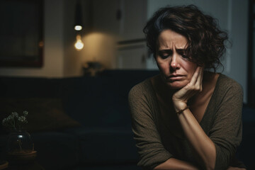 Dramatic Portrait of Sad middle age woman crying sitting in the night at home