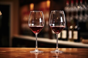 Poster - pair of wine glasses filled with red wine on a bar counter